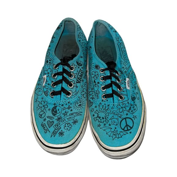 Vans Aqua Blue Graffiti Skull Bat Yin and Yang Smiley Face Sneakers M 6 W 7.5 - Picture 3 of 10